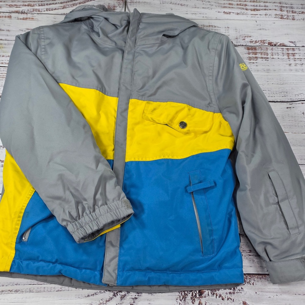 686 Boys Insulated Coat Small Gray Blue Yellow Good Colorblock Ski Snowboarding